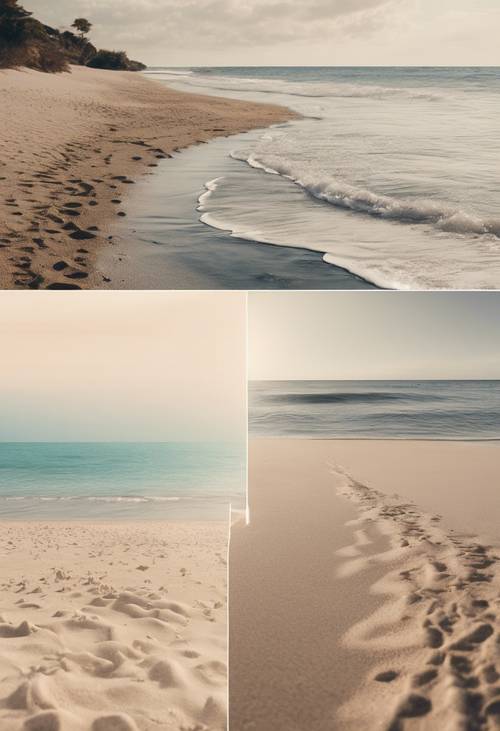 Un collage de playas serenas con tonos de arena neutros.