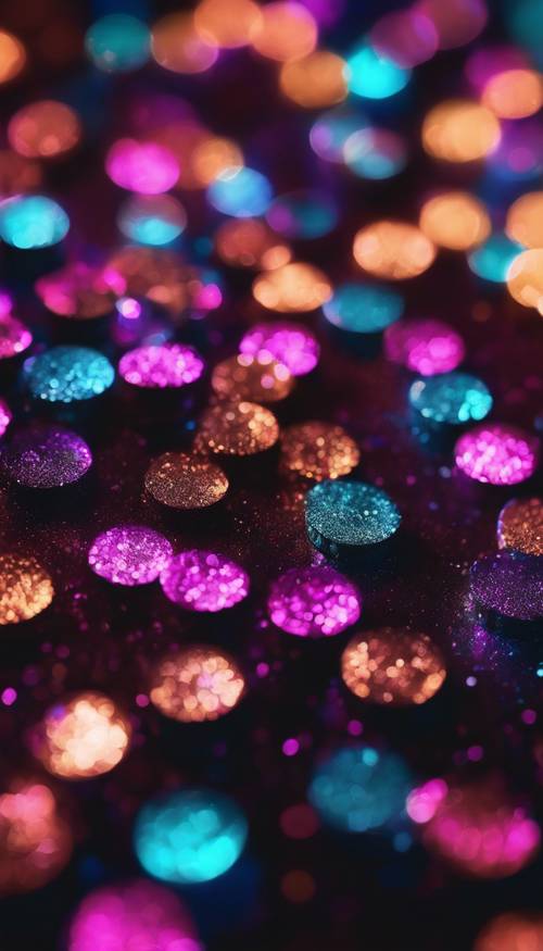 Intensely shimmering, neon-colored glitter twinkling in a dark background.