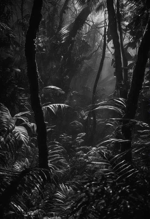 Uma estranha imagem em preto e branco de uma selva à noite, com olhos brilhantes espreitando da vegetação rasteira.