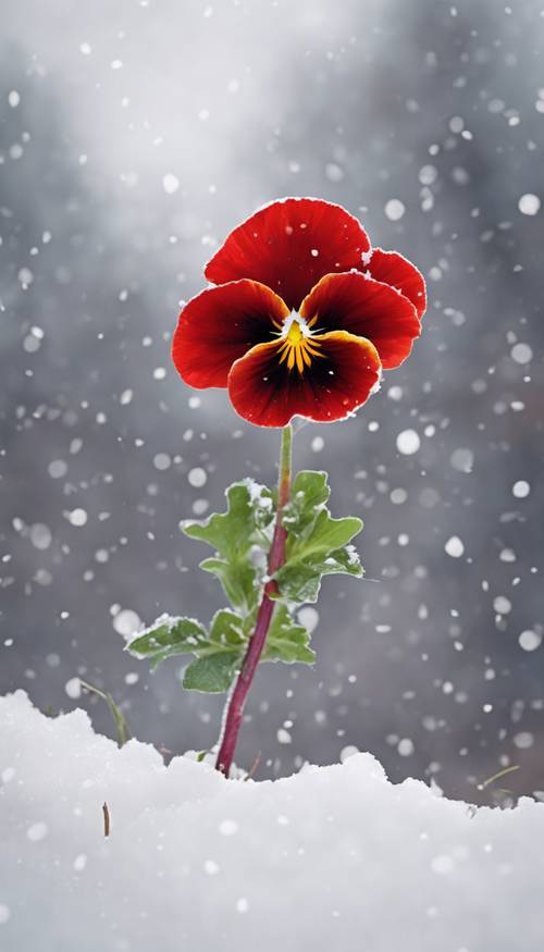 A bright red pansy isolated against a snowy winter background.