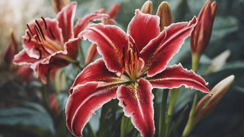 A close-up of red lilies revealing their detailed texture Tapet [0929254dfbde4c3d8908]