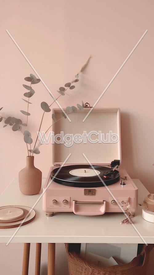 Toca-discos vintage rosa em um quarto aconchegante