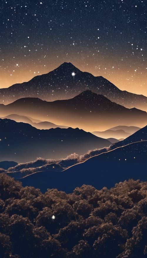 Dark blue mountain silhouette against a sky full of shimmering stars