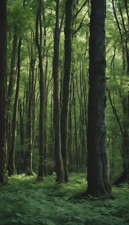 Una fitta foresta schiava dell&#39;estate, ricca di fogliame verde scuro e robusti tronchi d&#39;albero.