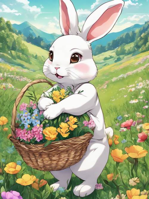 Kelinci bergaya anime yang menggemaskan, berwarna putih dengan telinga terkulai, membawa sekeranjang bunga musim semi yang cerah melintasi padang rumput yang mekar.