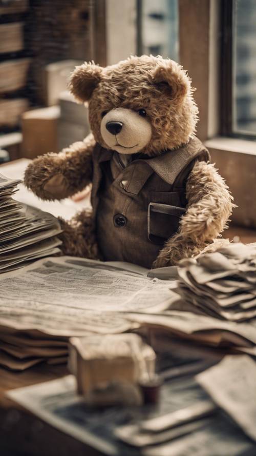 A teddy bear journalist scribbling notes in front of a bustling toy city newspaper office.