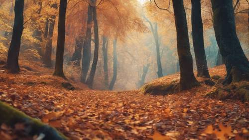 A picturesque forest with falling leaves of multi-colored hues creating a beautiful autumn scenery.
