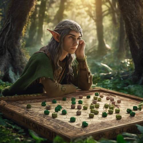 Artystyczna wizja leśnego elfa rozważającego strategie przed gigantyczną magiczną planszą do gry.