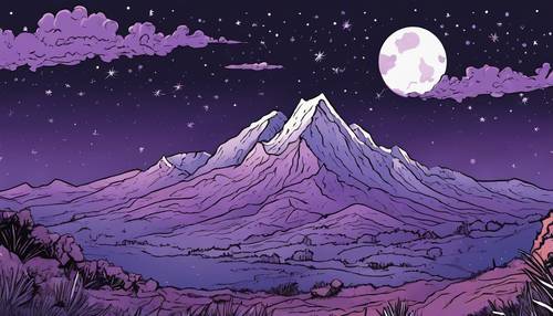 Une montagne solitaire de dessin animé violet sous un ciel nocturne étoilé.