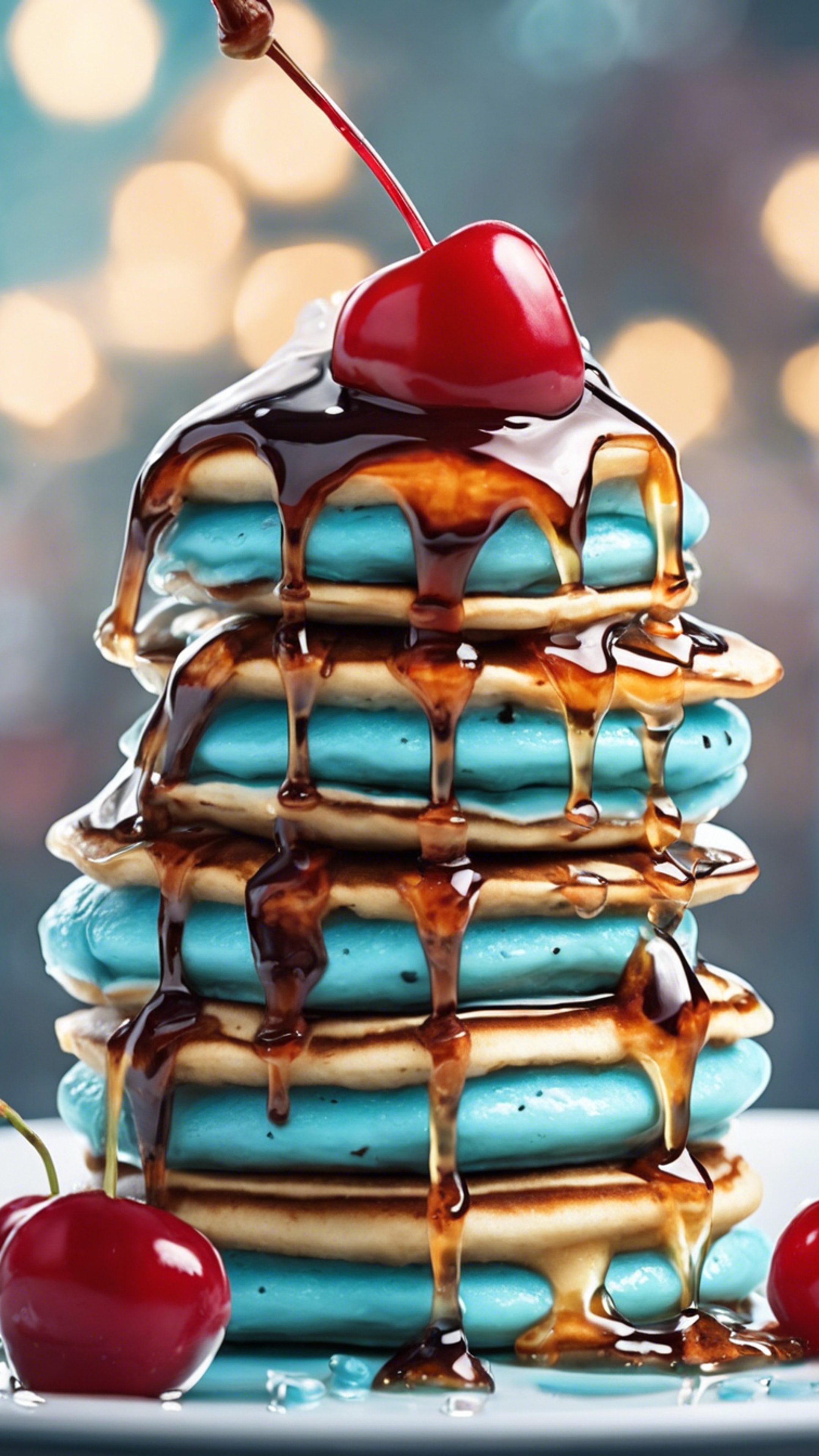 A stack of kawaii light blue pancakes dripping with syrup and a cherry on top. Wallpaper[05c3a9af3a95463c8379]