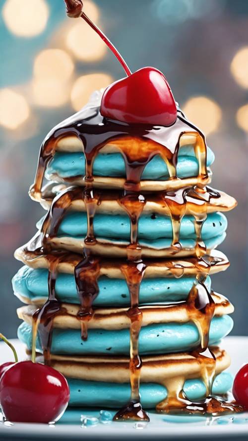 A stack of kawaii light blue pancakes dripping with syrup and a cherry on top.