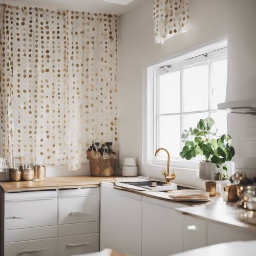 A modern kitchen with gold polka dots on the curtains set against clean white walls.