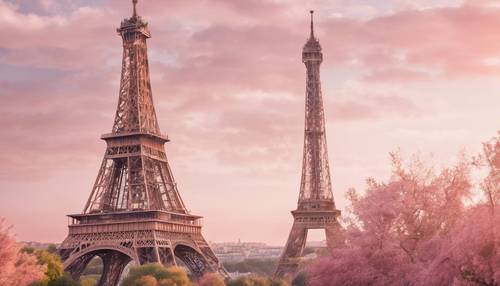Early morning sun painting the Eiffel Tower in a soft pink light.