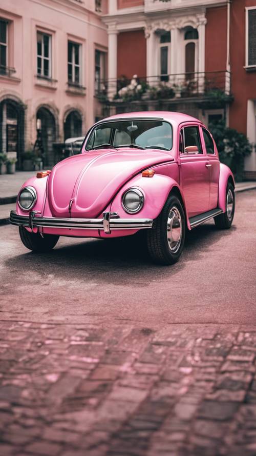 Um carro Volkswagen Beetle rosa redesenhado no estilo Y2K.