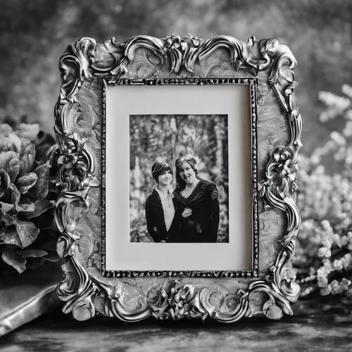 Silver damask decorated antique photo frame holding a black and white family portrait.