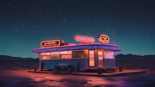 A classic diner in the middle of nowhere, glowing neon in the starry night sky.