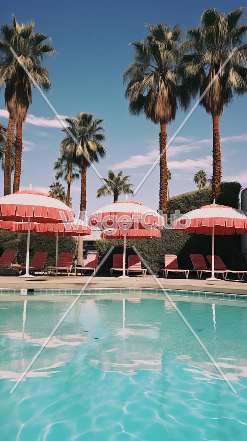 阳光明媚的泳池边，有粉色遮阳伞和棕榈树