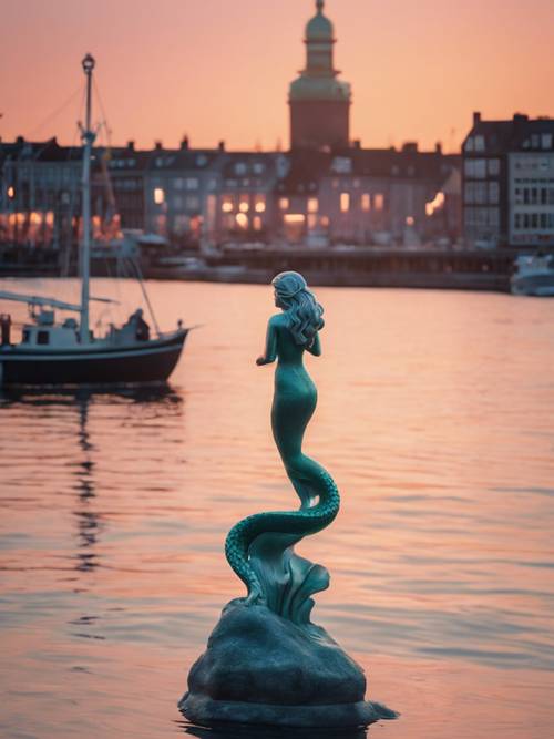 Lukisan matahari terbenam berwarna pastel dari patung Little Mermaid yang terkenal di Kopenhagen.