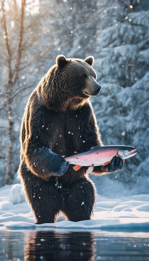 หมีสีน้ำเงินสง่างามกำลังกินปลาแซลมอนท่ามกลางถิ่นทุรกันดารที่หนาวจัด