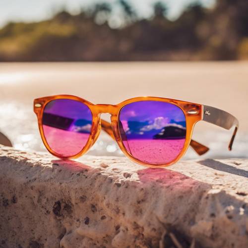 Sepasang kacamata hitam Wayfarer klasik dengan lensa merah jambu mencerminkan mobil convertible oranye vintage.