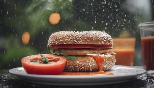 Un bagel integral servido con sopa de tomate en un día lluvioso.