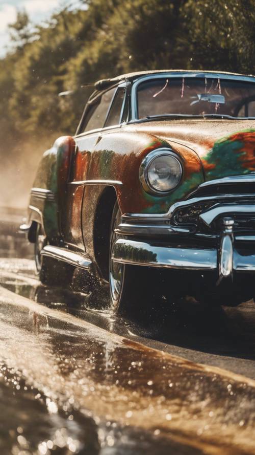 A vintage car splashed with a glossy, tie-dye paint job driving on a sunny coastal road