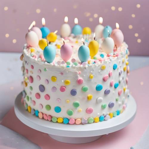 Tort urodzinowy ozdobiony jadalnymi pastelowymi kropkami i białym lukrem.