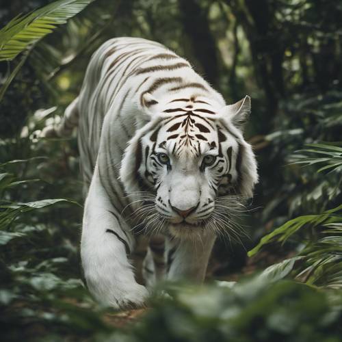 A rare White Bengal Tiger stalking through the undergrowth of a thick, lush rainforest.