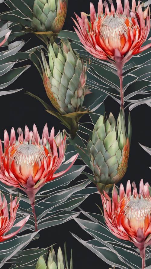 Một họa tiết hoa hiện đại, đậm nét có hoa protea cỡ lớn và lá nhiệt đới trên nền đen than.