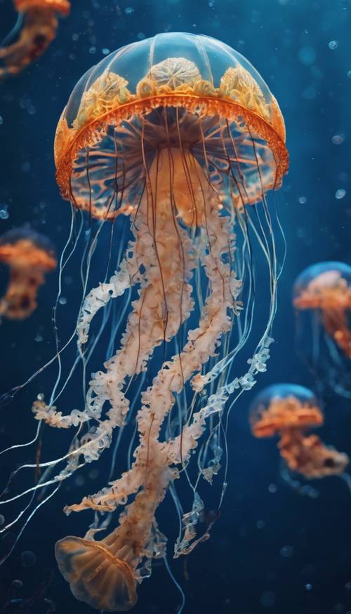 Una medusa de color azul claro con patrones intrincados en su campana, bailando junto a pequeños peces multicolores en el océano azul profundo.