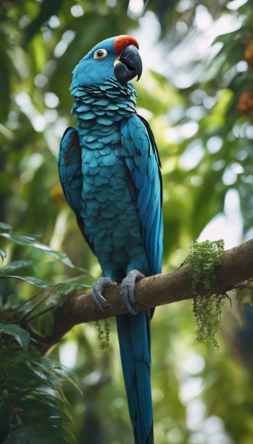 A blue parrot perched on a vine in a vibrant jungle.