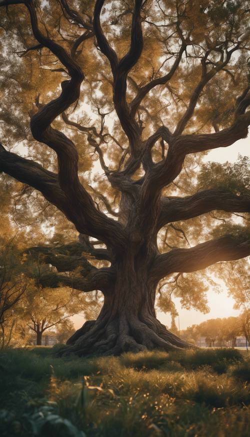 Un árbol antiguo con ramas extensas que se yergue majestuoso en el centro de un parque urbano moderno iluminado por el atardecer.