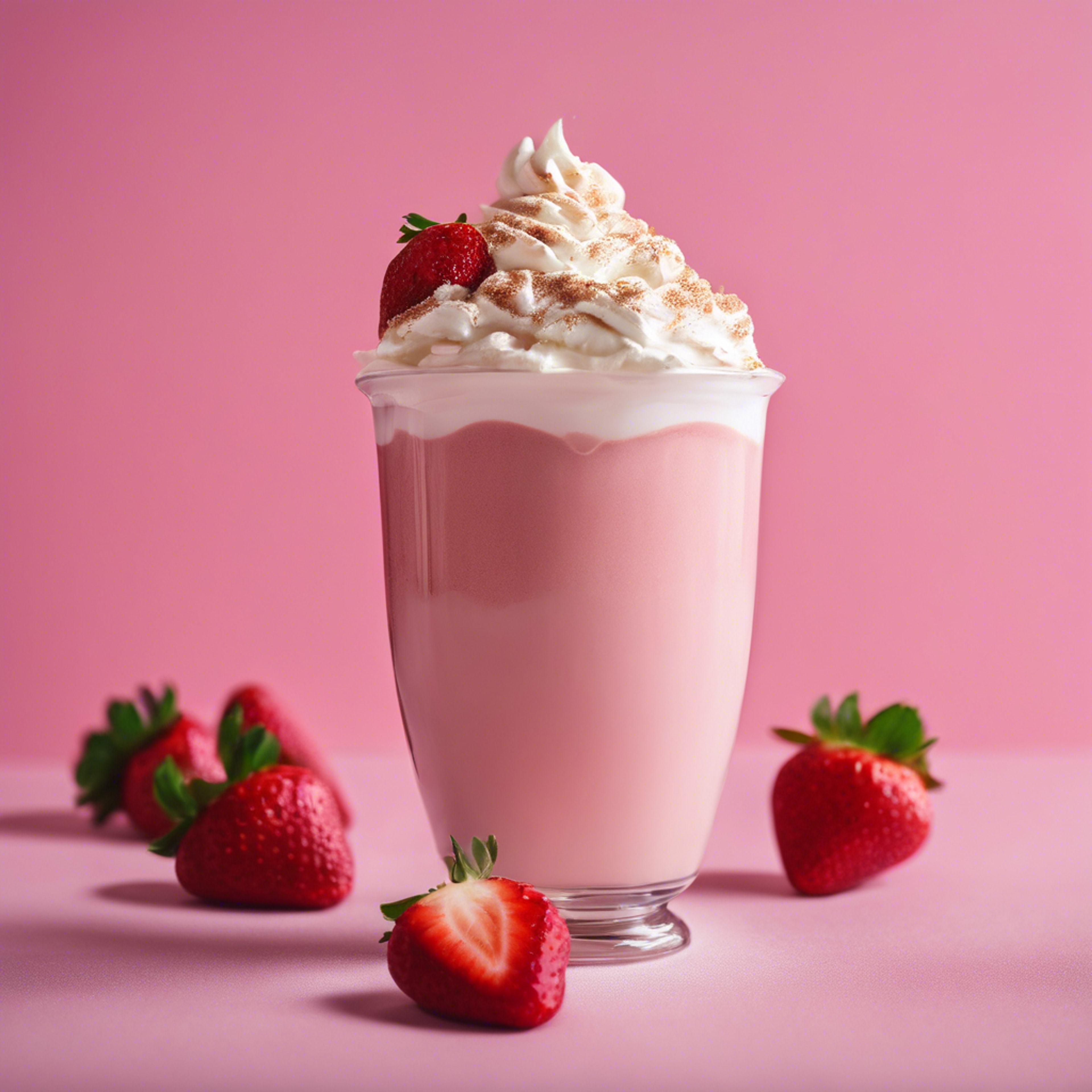 A freshly brewed strawberry latte with whipped cream against a pink backdrop. Wallpaper[f1420ed34c924526b0ea]