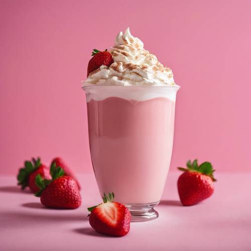 Ein frisch gebrühter Erdbeer-Latte mit Schlagsahne vor einem rosa Hintergrund.
