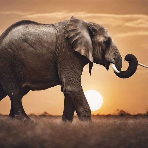 Uno spettacolo surreale di un elefante che scivola con grazia nel cielo limpido, contro il sole al tramonto.