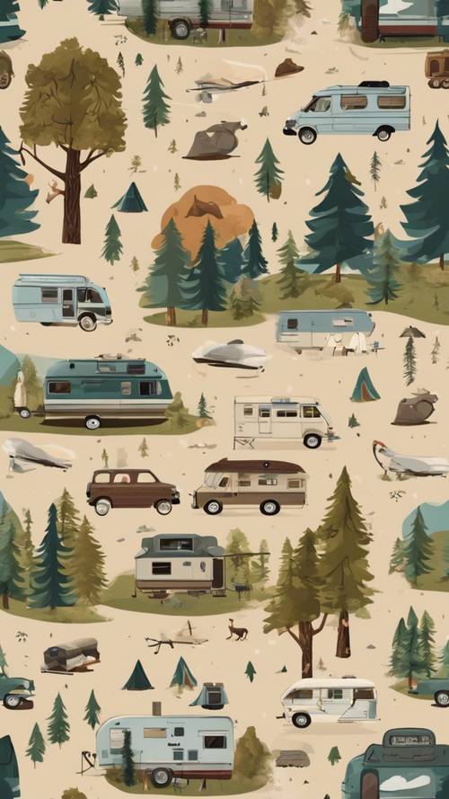Continuous pattern of beautifully illustrated camping scenes for a wilderness feel.