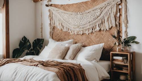 A boho-style bedroom with a brown wooden headboard, white linen bedding, and a macramé wall hanging.