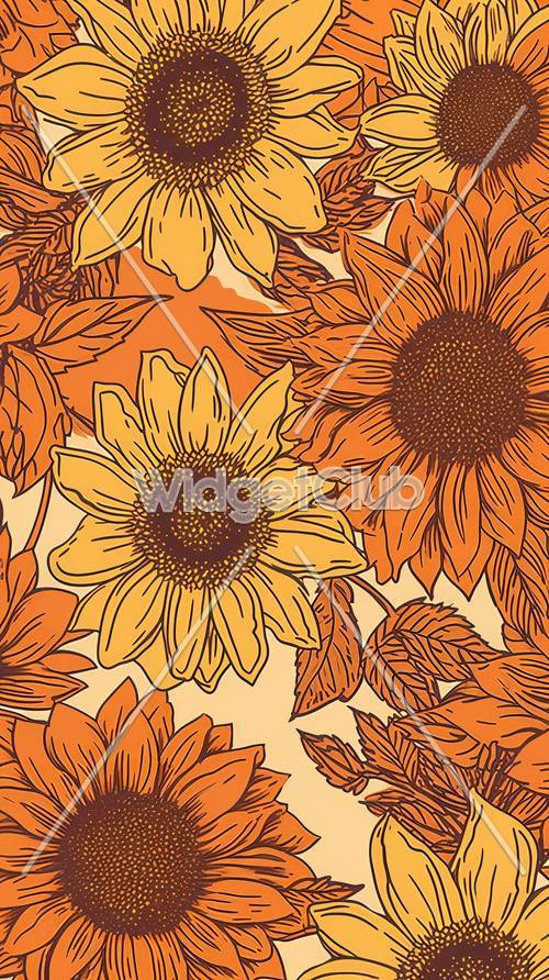 Sunny Sunflower and Leaves Pattern Background Tapet [5682ace6685e48a8bf29]