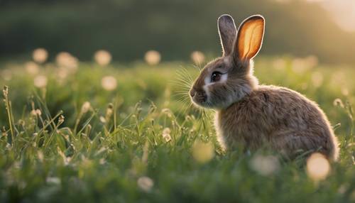 A imagem simplista de um coelho pulando por um prado verdejante e orvalhado ao amanhecer, sugerindo a chegada da primavera.