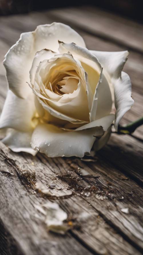 一朵枯萎的白玫瑰放在一张古老的木质桌面上，展现着衰败之美。