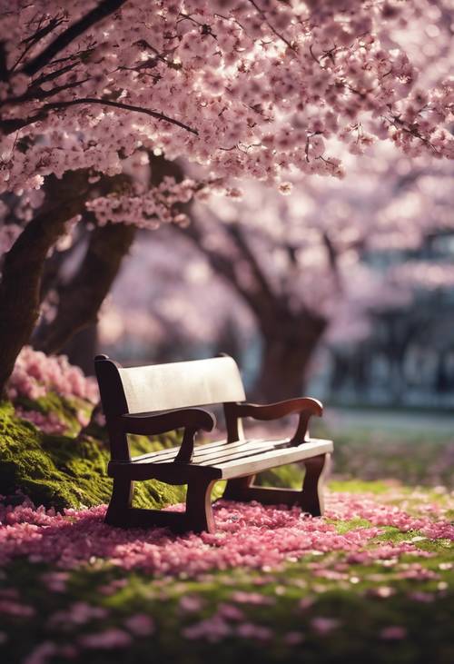 A wooden bench under a dark cherry blossom tree, littered with fallen petals.