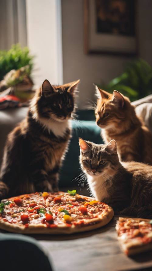 Rahat bir oturma odasında ton balıklı pizzanın etrafında toplanan kediler.