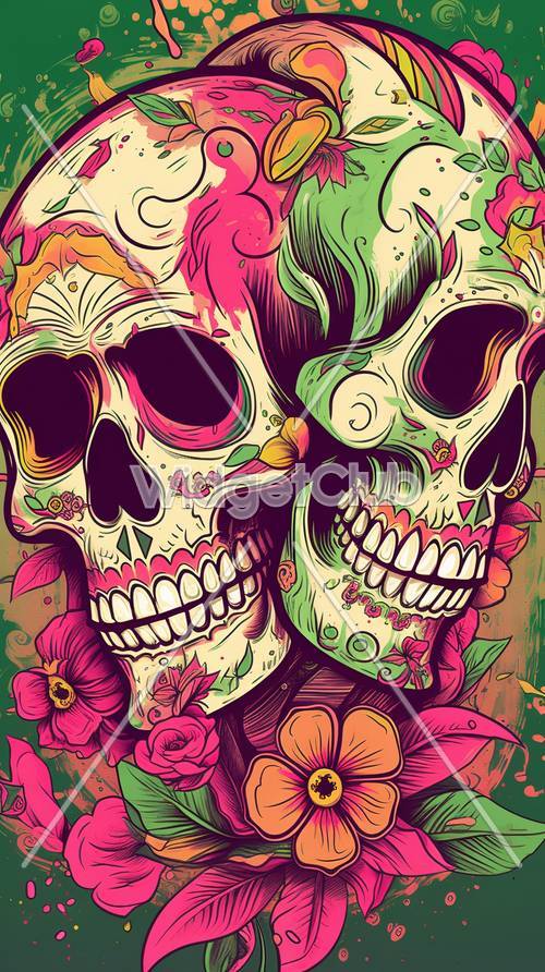 Colorful Sugar Skulls and Flowers Art