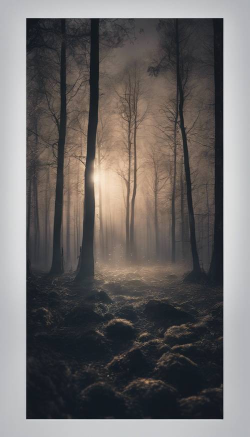 A moonlit panorama of a calm, dark forest, with mist floating above the ground.