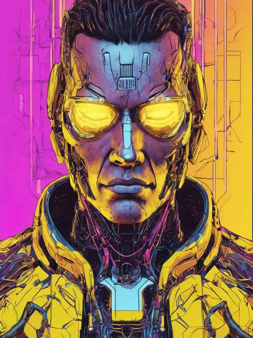 A heavily modified cybernetic man highlighted by yellow under-glow lights.