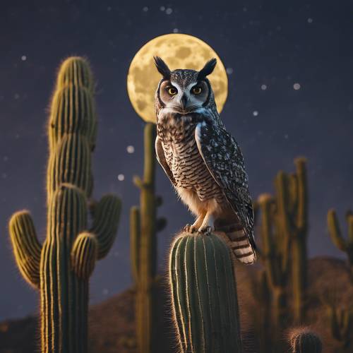 Uma cena noturna com uma pequena coruja do deserto empoleirada em cima de um cacto Saguaro, com a lua brilhante ao fundo.