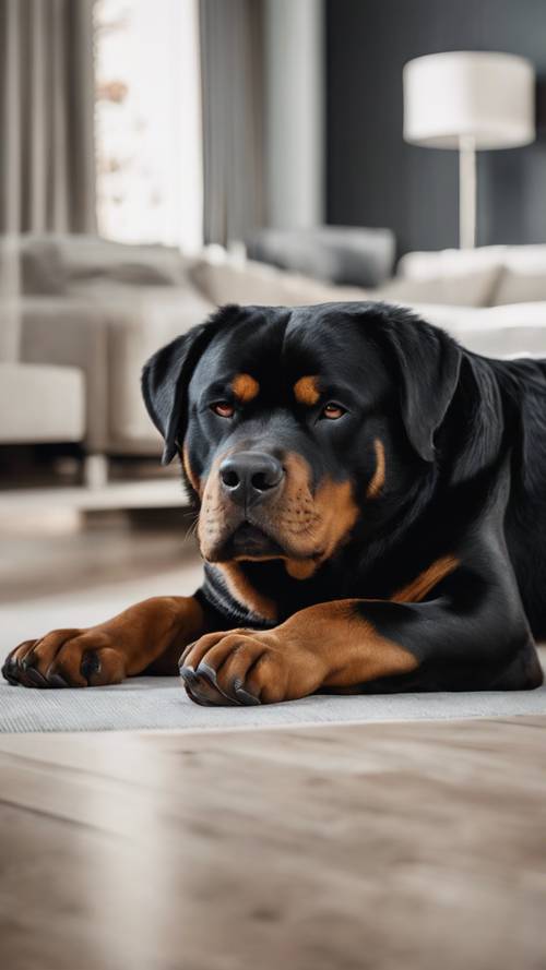 A sleeping adult Rottweiler curling up in a large corner of a modern living room.