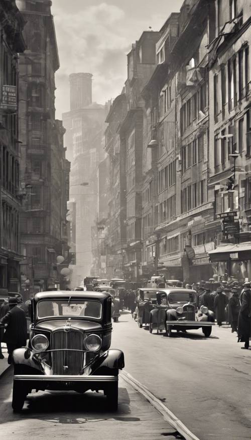 A monotone, vintage photograph of a busy city street in the 1930s. Tapeta [ea8bebffe7a24533a205]