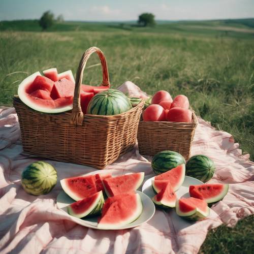 A hilltop picnic on a breezy spring day with a basket chock-full of delicious watermelon.