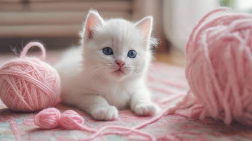 Un adorable gatito blanco con patas enormes, jugando torpemente con una bola de hilo rosa sobre una acogedora alfombra de patchwork. Fondo de pantalla [e19f41778a1244cdab5a]